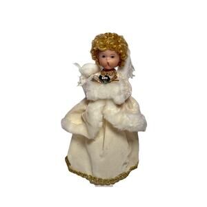 Vintage Blonde Angel Tree Topper 9” Velvet Dress White Fur Trim Gold Accents